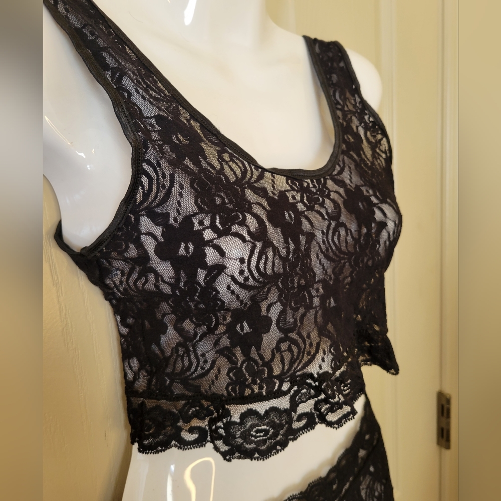 Black Lace Sheer PJ Set Lingerie Top & Bottom Set M//L